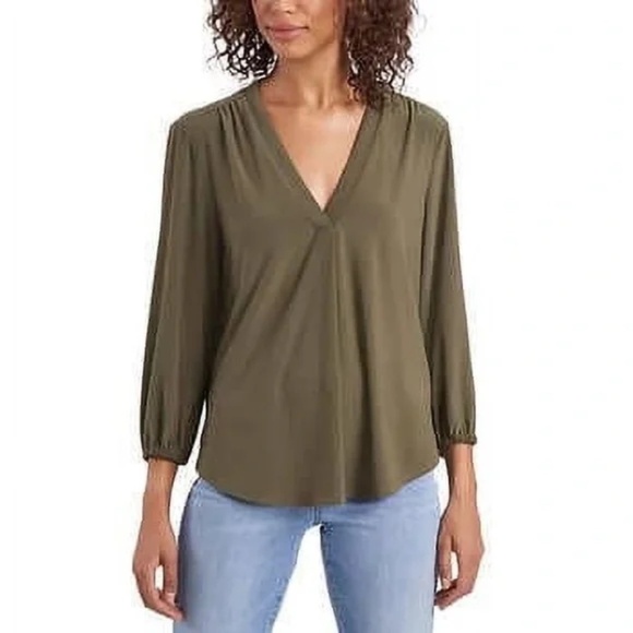 Two by Vince Camuto | Army Olive Green V-Neck Blouse Top, XXL - Picture 2 of 8